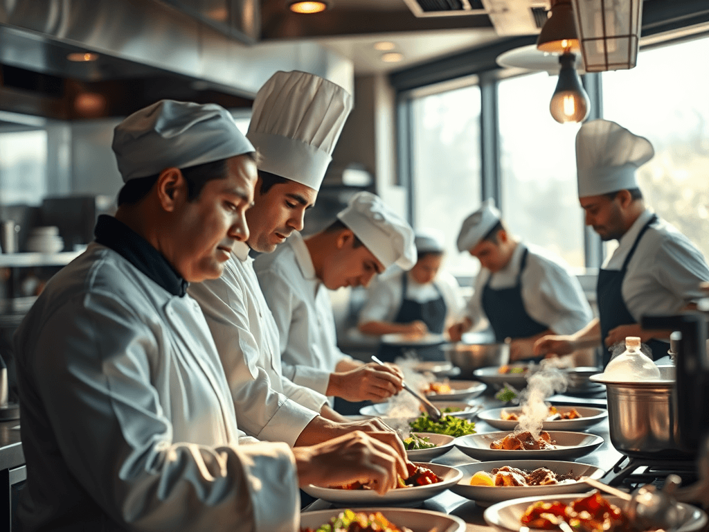 Une brigade de cuisiniers en pleine action, symbolisant l’efficacité d’une équipe multiculturelle issue du recrutement salarié étranger orchestré par un cabinet de recrutement international. 