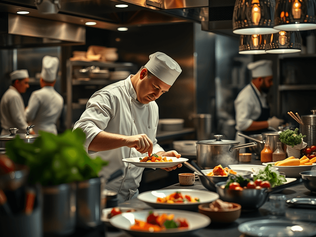 Un chef de cuisine en pleine préparation d’un plat raffiné dans un contexte de pénurie main-d’œuvre restauration, illustrant l’importance du recrutement salarié étranger mené par un cabinet de recrutement international pour renforcer la qualité et la créativité en restauration.