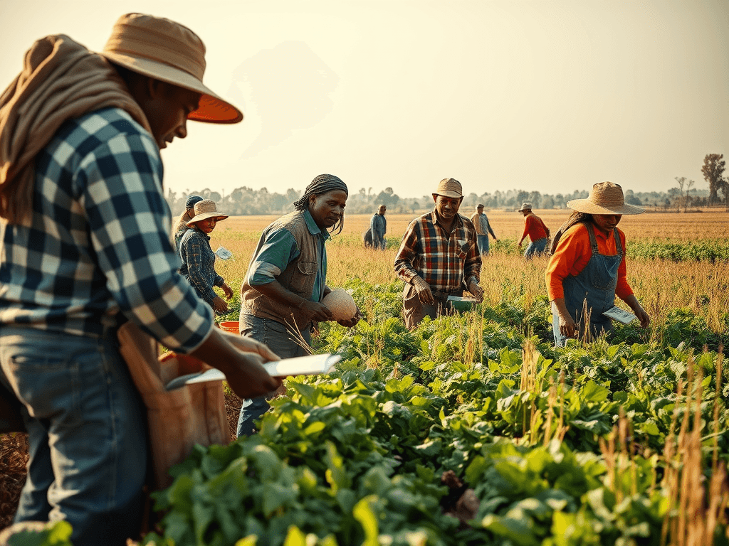 Travailleurs agricoles recrutés par un cabinet de recrutement international récoltant des légumes dans un champ au coucher du soleil, vêtus de chapeaux de paille et de vêtements de travail.