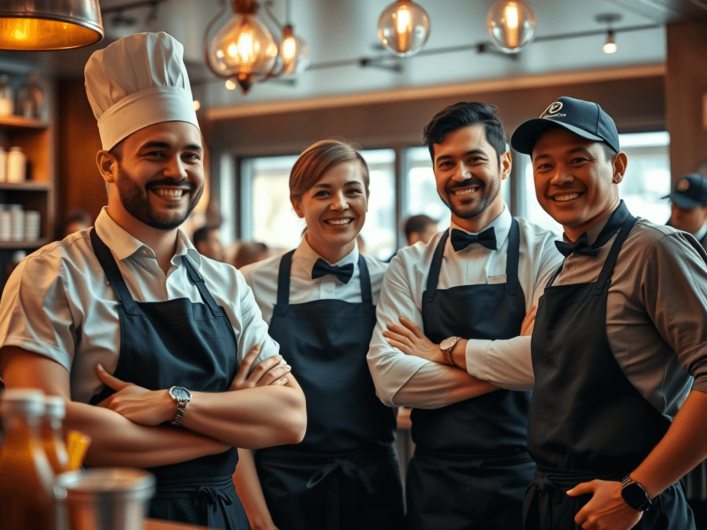 Quatre employés de restaurant souriants en uniforme dans un contexte de pénurie main-d’œuvre restauration, illustrant la réussite d’un recrutement salarié étranger grâce à un cabinet de recrutement international qui favorise la diversité et la cohésion d’équipe.
