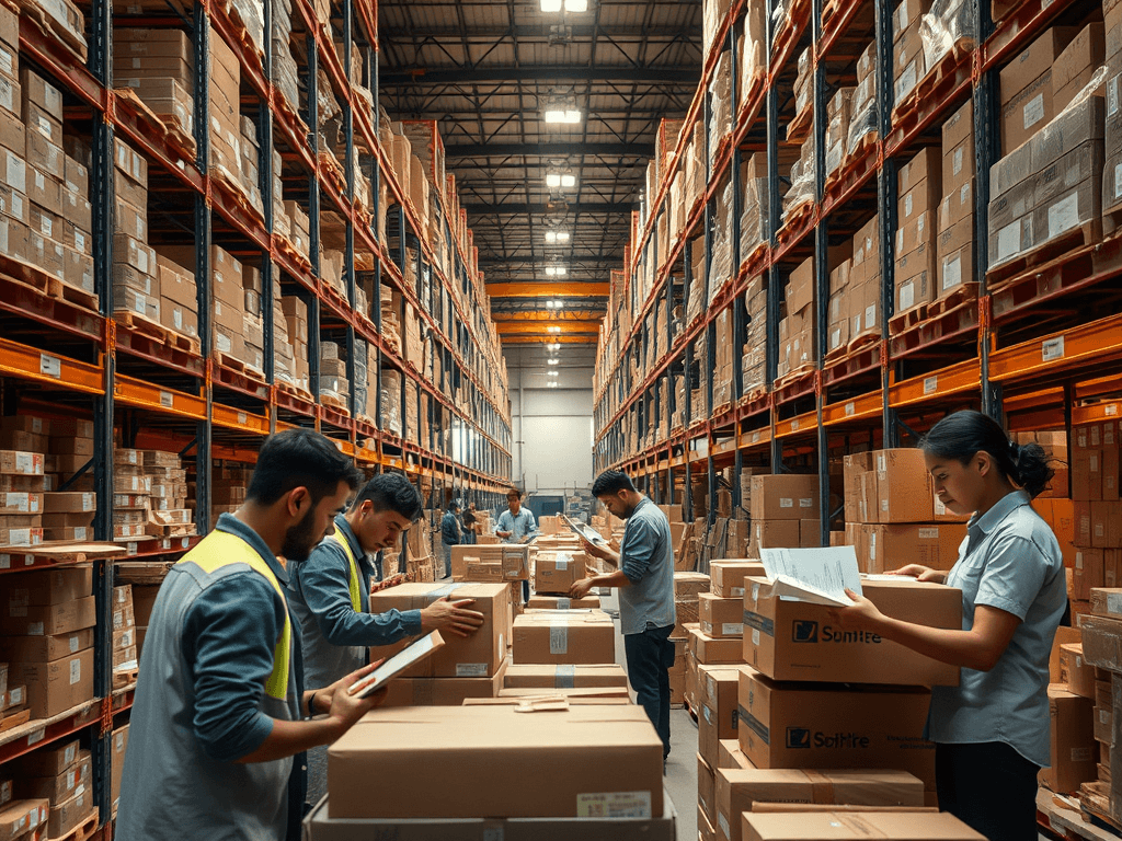 Des préparateurs de commandes internationaux recrutés par le cabinet de recrutement international WeMoveWise travaillent dans un entrepôt logistique, manipulant des cartons et vérifiant des bons de commande