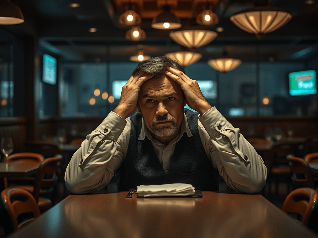 Un patron de restaurant stressé, la tête entre les mains dans un contexte de pénurie main-d’œuvre restauration, cherchant des solutions auprès d’un cabinet de recrutement international pour combler ses postes vacants via le recrutement salarié étranger.